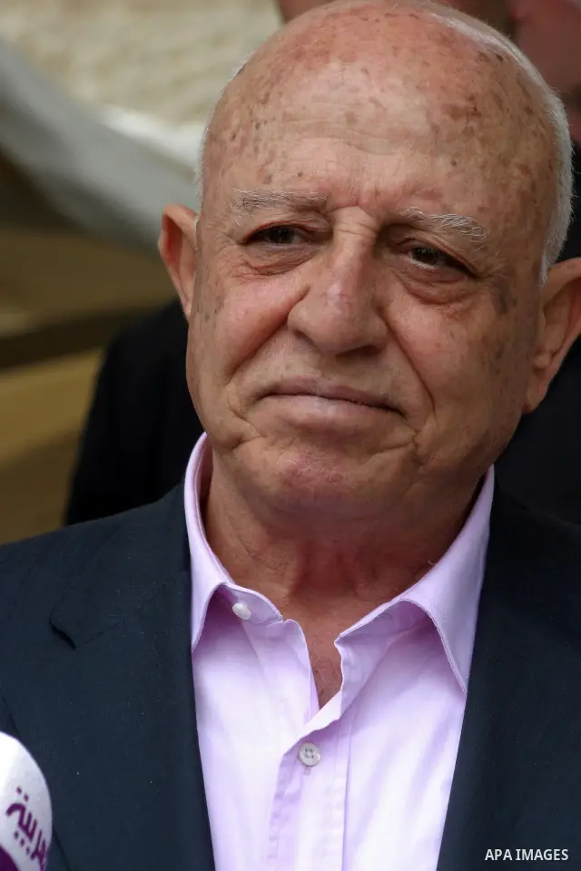 Palestinian chief negotiator Ahmed Qorei visits a sit-in demonstration outside the International Committee of the Red Cross (ICRC) offices in East Jerusalem, on May 14, 2012 as the protestors join a hunger strike in soli...