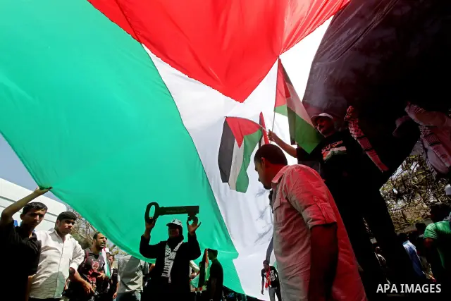 Palestinians participate in a rally marking Al-Nakba, commemorating the displacement of Palestinians in 1948 due to the declaration of the state of Israel, in Gaza City, Gaza Strip, 15 May 2012. Thousands marched in the...