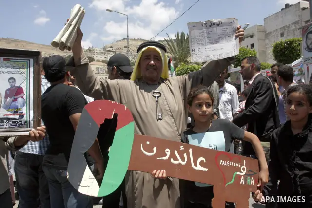 Palestinians hold certificate during a protest marking the anniversary of the "Nakba", Arabic for catastrophe , during a rally marking the 64rd anniversary of the Nakba, or catastrophe, the Arabic term used to describe t...