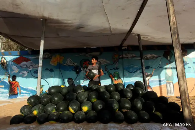 A Palestinian sells watermelon, in the Shati Palestinian refugee camp in Gaza City on May 15, 2012, as Palestinians and Arab-Israelis marked Nakba day, which commemorates the exodus of hundreds of thousands of their kin...