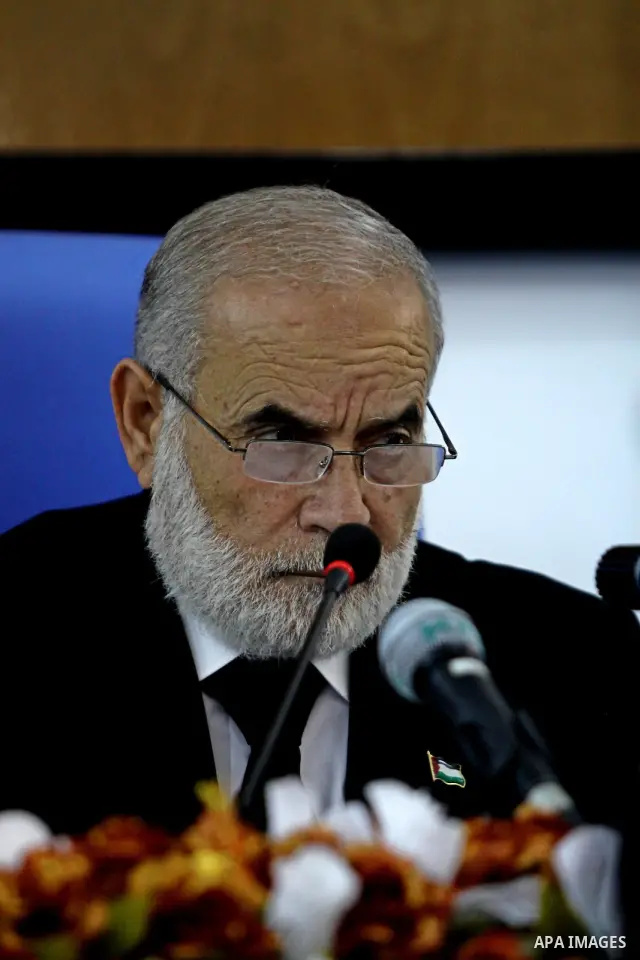 .The spokesman of the Palestinian Parliament in Gaza Strip, Ahmed Bahar delivers speech during a press conference. commemorating the dispersal of hundreds of thousands of Palestinians from their homes in the wake of the...