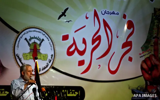 Leader in the islamic jihad movement Mohammed Al Hindi speaks during a celebration to honors Palestinian journalists in Gaza City, Attend by relatives of Palestinian prisoners held in israeli jails on 19 May 2012. Photo...