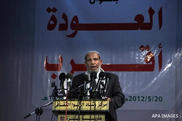 Leader in Hamas movement Mahmoud Al Zahar speaks during the seventh National Congress to preserve the constants, in Gaza city on May 20, 2012. Photo by Majdi Fathi