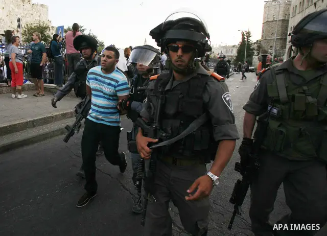 Israeli police Prevented Palestinian demonstrators as they try to disperse a protest against a parade marking Jerusalem Day, in front of Damascus Gate outside Jerusalem's Old City May 20, 2012. Jerusalem Day marks the an...