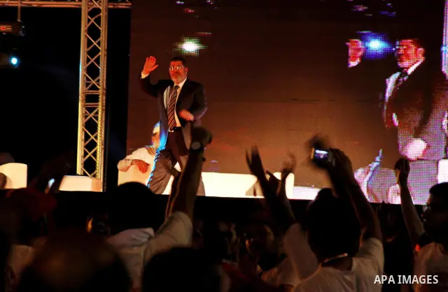 Mohamed Mursi, head of the Muslim Brotherhood's political party and the Brotherhood's presidential candidate, speaks during his last campaign rally in front of the Abdeen Palace Museum in Cairo May 20, 2012. Mursi has ca...