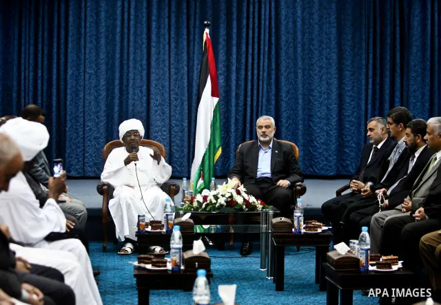 Palestinian Prime Minister in Gaza Strip, Ismail Haniyeh meets with members of the convoy "Shad Al Rehal" from Global Coalition to support Jerusalem in Gaza city on 21 May, 2012.The convoy have 68 solidarity of different...