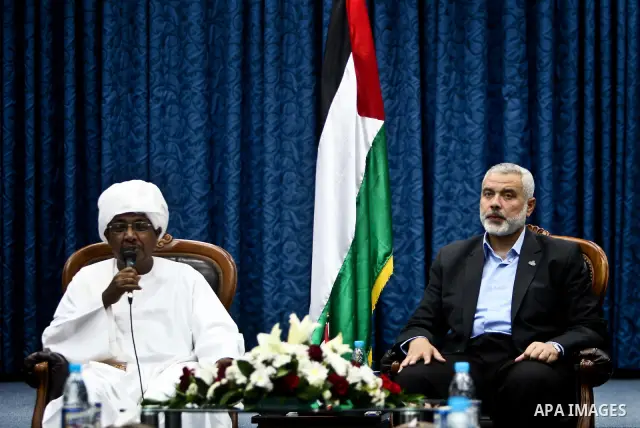 Palestinian Prime Minister in Gaza Strip, Ismail Haniyeh meets with members of the convoy "Shad Al Rehal" from Global Coalition to support Jerusalem in Gaza city on 21 May, 2012.The convoy have 68 solidarity of different...