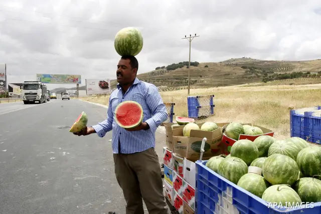 A Palestinian fruit vendors balance watermelons on their head as they try to attract customers in the West Bank town of Nablus near Hawara checkpoint, on May 22, 2012. Photo by Wagdi Eshtayah