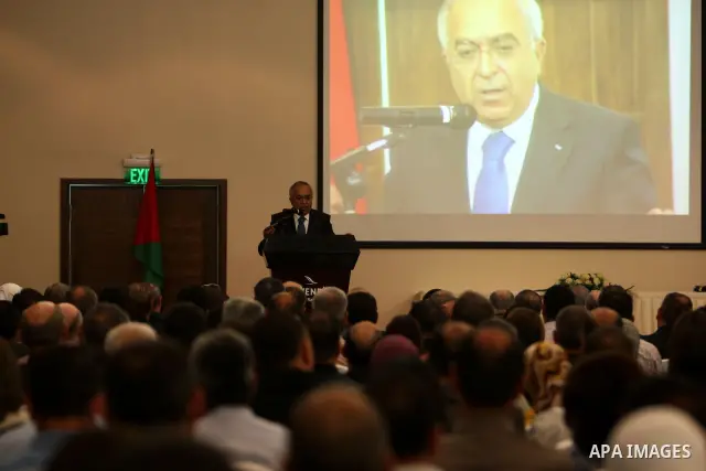 Palestinian Prime Minister Salam Fayyad during celebration of the accession of the Central Bureau of Statistics published data on the standard, in the West Bank on May 22, 2012. Photo by Mustafa Abu Dayeh