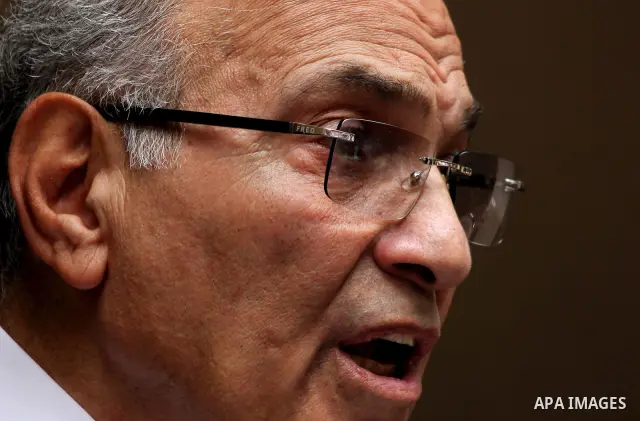 Egyptian presidential candidate Ahmed Shafiq speaks to the media during a press conference at his office in Cairo, Egypt, Saturday, May 26, 2012. Egyptian presidential candidate Ahmed Shafiq paid tribute Saturday to the...