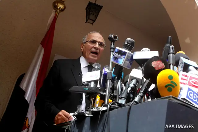 Egyptian presidential candidate Ahmed Shafiq speaks to the media during a press conference at his office in Cairo, Egypt, Saturday, May 26, 2012. Egyptian presidential candidate Ahmed Shafiq paid tribute Saturday to the...