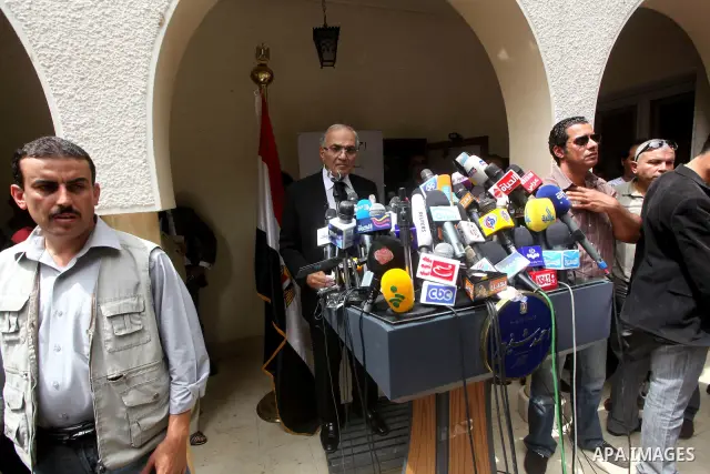 Egyptian presidential candidate Ahmed Shafiq speaks to the media during a press conference at his office in Cairo, Egypt, Saturday, May 26, 2012. Egyptian presidential candidate Ahmed Shafiq paid tribute Saturday to the...