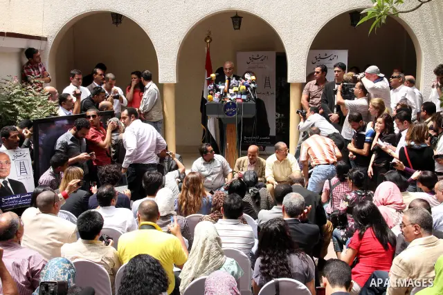 Egyptian presidential candidate Ahmed Shafiq speaks to the media during a press conference at his office in Cairo, Egypt, Saturday, May 26, 2012. Egyptian presidential candidate Ahmed Shafiq paid tribute Saturday to the...