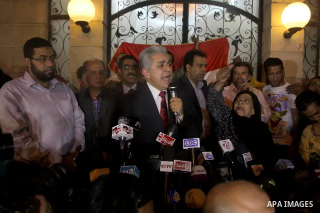 Egyptian presidential candidate Hamdeen Sabahi comments on the Egyptian election result at a press conference at his campaign headquarters in Cairo Egypt, Saturday, May 26, 2012. Of 13 candidates running for the presiden...
