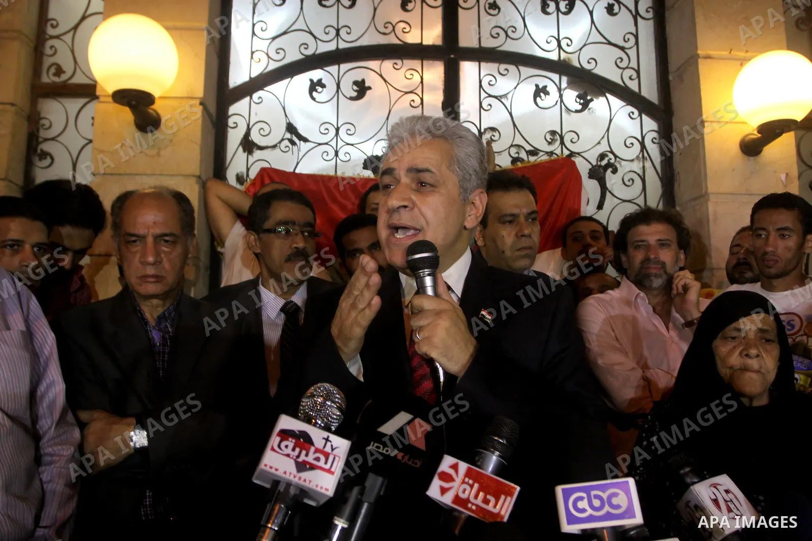 Egyptian presidential candidate Hamdeen Sabahi comments on the Egyptian election result at a press conference at his campaign headquarters in Cairo Egypt, Saturday, May 26, 2012. Of 13 candidates running for the presiden...