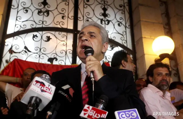 Egyptian presidential candidate Hamdeen Sabahi comments on the Egyptian election result at a press conference at his campaign headquarters in Cairo Egypt, Saturday, May 26, 2012. Of 13 candidates running for the presiden...