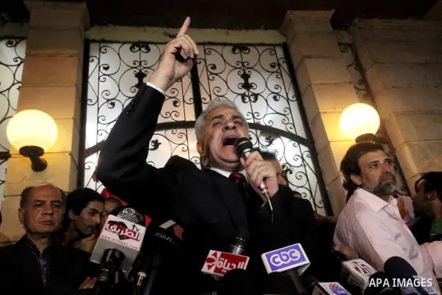 Egyptian presidential candidate Hamdeen Sabahi comments on the Egyptian election result at a press conference at his campaign headquarters in Cairo Egypt, Saturday, May 26, 2012. Of 13 candidates running for the presiden...