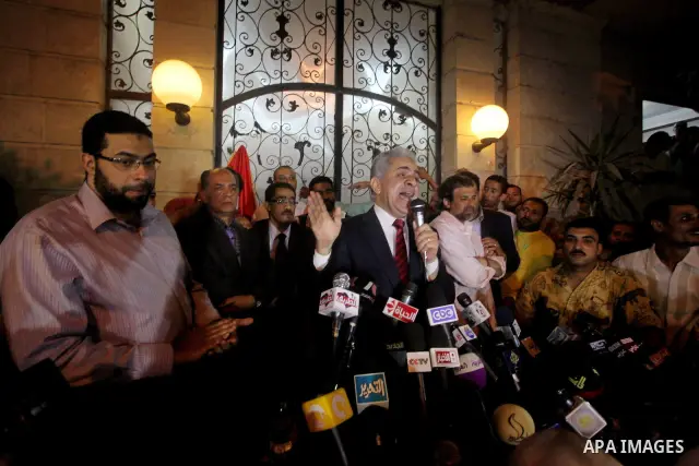 Egyptian presidential candidate Hamdeen Sabahi comments on the Egyptian election result at a press conference at his campaign headquarters in Cairo Egypt, Saturday, May 26, 2012. Of 13 candidates running for the presiden...