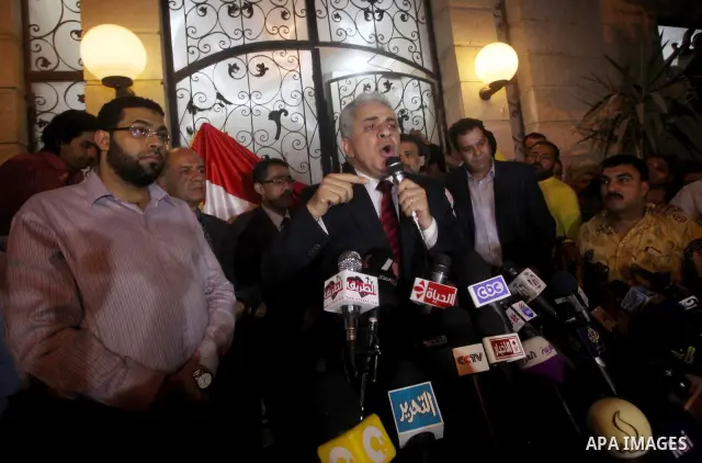 Egyptian presidential candidate Hamdeen Sabahi comments on the Egyptian election result at a press conference at his campaign headquarters in Cairo Egypt, Saturday, May 26, 2012. Of 13 candidates running for the presiden...