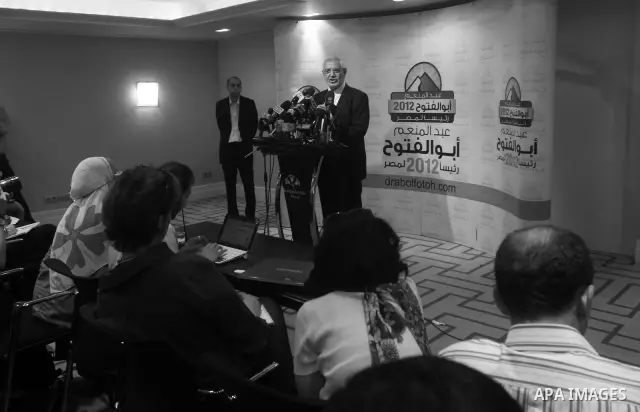 Egyptian presidential candidate Abdel-Moneim Abolfotoh speaks at a press conference in Cairo, Egypt, Monday, May 28, 2012. Three top candidates in Egypt's presidential race have filed appeals to the election commission,...