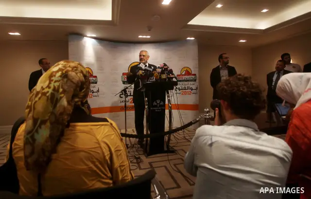 Egyptian presidential candidate Abdel-Moneim Abolfotoh speaks at a press conference in Cairo, Egypt, Monday, May 28, 2012. Three top candidates in Egypt's presidential race have filed appeals to the election commission,...