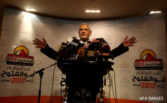 Egyptian presidential candidate Abdel-Moneim Abolfotoh speaks at a press conference in Cairo, Egypt, Monday, May 28, 2012. Three top candidates in Egypt's presidential race have filed appeals to the election commission,...