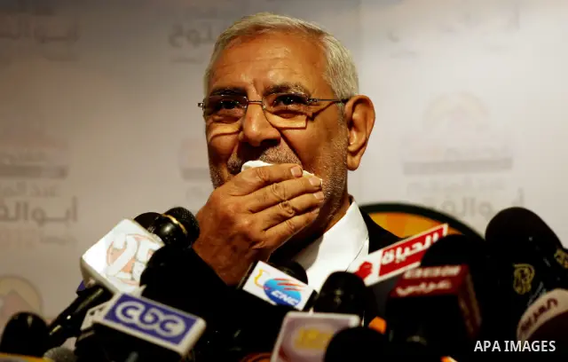 Egyptian presidential candidate Abdel-Moneim Abolfotoh speaks at a press conference in Cairo, Egypt, Monday, May 28, 2012. Three top candidates in Egypt's presidential race have filed appeals to the election commission,...