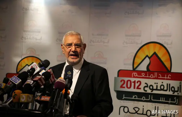 Egyptian presidential candidate Abdel-Moneim Abolfotoh speaks at a press conference in Cairo, Egypt, Monday, May 28, 2012. Three top candidates in Egypt's presidential race have filed appeals to the election commission,...