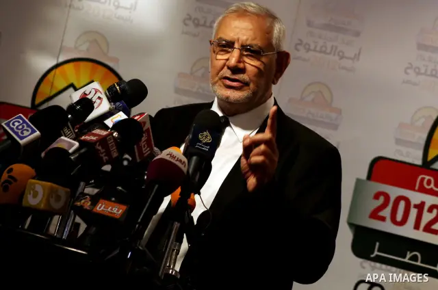 Egyptian presidential candidate Abdel-Moneim Abolfotoh speaks at a press conference in Cairo, Egypt, Monday, May 28, 2012. Three top candidates in Egypt's presidential race have filed appeals to the election commission,...