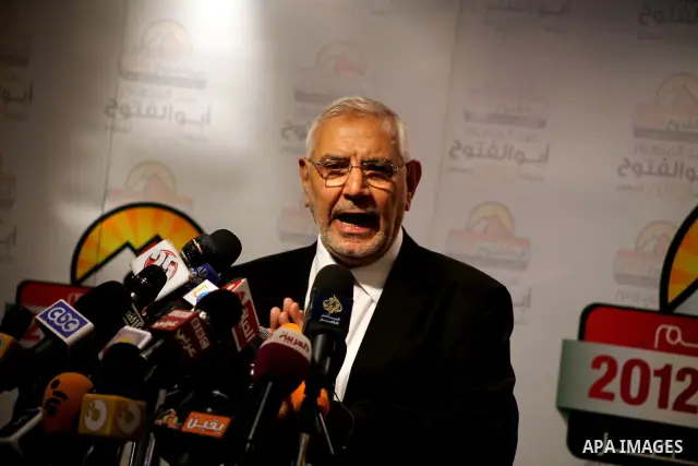 Egyptian presidential candidate Abdel-Moneim Abolfotoh speaks at a press conference in Cairo, Egypt, Monday, May 28, 2012. Three top candidates in Egypt's presidential race have filed appeals to the election commission,...