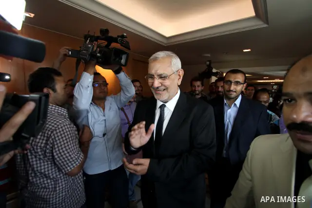 Egyptian presidential candidate Abdel-Moneim Abolfotoh speaks at a press conference in Cairo, Egypt, Monday, May 28, 2012. Three top candidates in Egypt's presidential race have filed appeals to the election commission,...