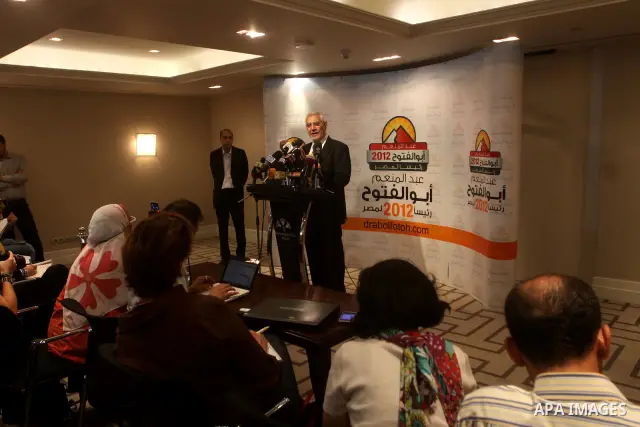 Egyptian presidential candidate Abdel-Moneim Abolfotoh speaks at a press conference in Cairo, Egypt, Monday, May 28, 2012. Three top candidates in Egypt's presidential race have filed appeals to the election commission,...