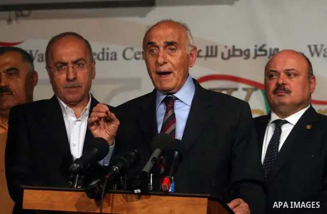 Head of the independent Palestinian national figures, Munib Al-Masri, speaks during a press conference on national reconciliation, and consultations to form a government, in the West Bank, city of Ramallah, May 28, 2012....