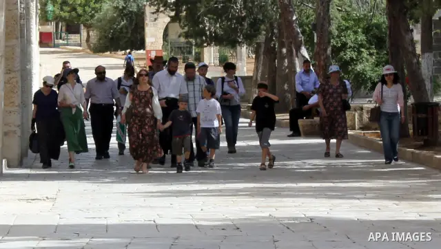 Group of Israeli settlers enter the courtyards of Al-Aqsa Mosque, in Jerusalem's old city on May 28, 2012. Photo by Mahfouz Abu Turk