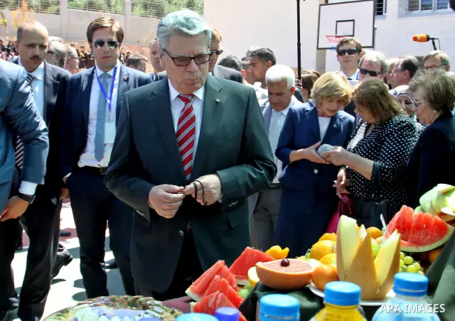 German Federal President Joachim Gauck, and his partner Daniela Schadt, take part during Opening Ceremony of Palestinian school in the Burin Village near the West Bank City of Nablus, 31 May 2012. The German head of stat...