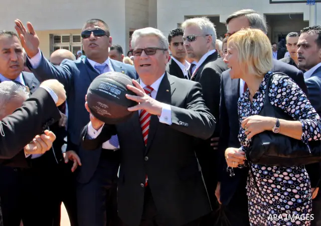 German Federal President Joachim Gauck, and his partner Daniela Schadt, take part during Opening Ceremony of Palestinian school in the Burin Village near the West Bank City of Nablus, 31 May 2012. The German head of stat...