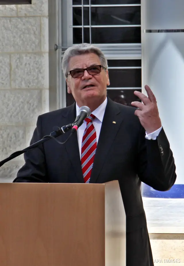German Federal President Joachim Gauck, and his partner Daniela Schadt, speaks during Opening Ceremony of Palestinian school in the Burin Village near the West Bank City of Nablus, 31 May 2012. The German head of state i...