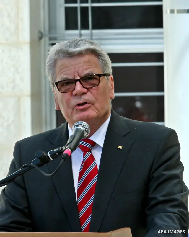 German Federal President Joachim Gauck, and his partner Daniela Schadt, speaks during Opening Ceremony of Palestinian school in the Burin Village near the West Bank City of Nablus, 31 May 2012. The German head of state i...