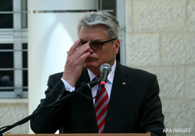 German Federal President Joachim Gauck, and his partner Daniela Schadt, speaks during Opening Ceremony of Palestinian school in the Burin Village near the West Bank City of Nablus, 31 May 2012. The German head of state i...