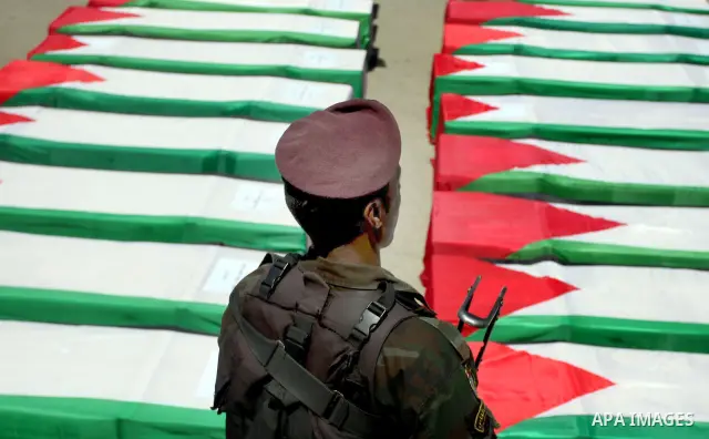Palestinian security forces carry flag-draped coffins during preparations for the funeral procession of 91 Palestinians whose remains were returned by Israel in the West Bank city of Ramallah on May 31, 2012. Israel hand...