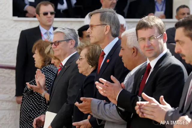 German President Joachim Gauck attend the inauguration of a German-funded girls' school in the West Bank village of Burin, south of Nablus, on May 31, 2012 . Photo by Wagdi Eshtayah