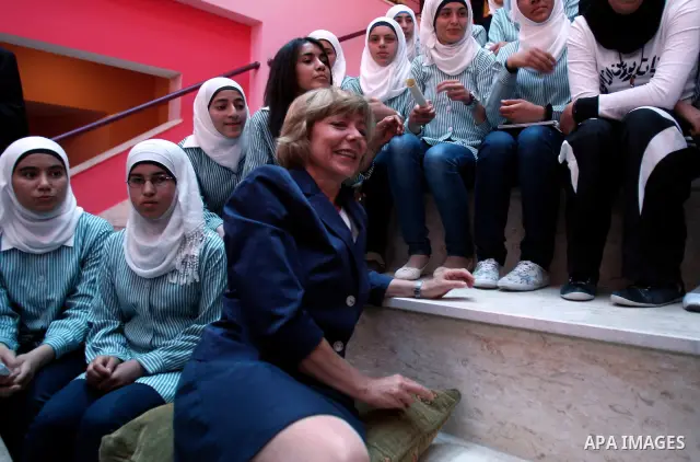 Daniela Schadt, German journalist and partner of German President meets schoolgirls during the inauguration of a new girls school in the West Bank village of Burin, Thursday, May 31, 2012. Photo by Wagdi Eshtayah
