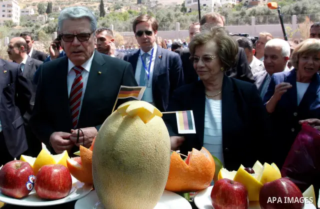German President Joachim Gauck attend the inauguration ceremony of a German-funded girls' school West Bank village of Burin, south of Nablus, on May 31, 2012 . Photo by Wagdi Eshtayah