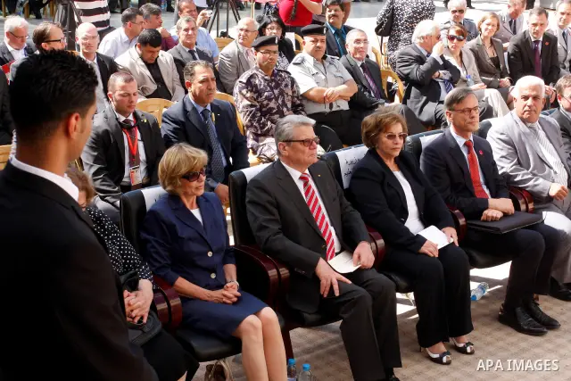 German President Joachim Gauck attend the inauguration of a German-funded girls' school in the West Bank village of Burin, south of Nablus, on May 31, 2012 . Photo by Wagdi Eshtayah