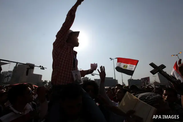 Egyptian protesters shout slogans against former President Hosni Mubarak and his aides during the protests after the announcement of the verdict in their trial, at Tahrir square, Cairo, Egypt, 05 June 2012. Opposition gr...