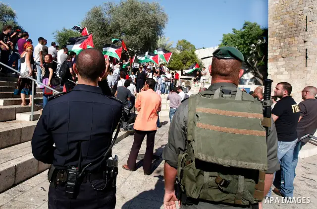 Mounted Israeli police break up a Palestinian protest during a demonstration marking the 'Naksa Day' at the Damascus Gate on 05 June 2012. Naksa Day is the annual day of commemoration for the Palestinian people of the di...