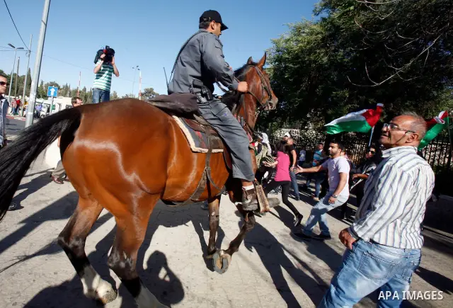 Mounted Israeli police break up a Palestinian protest during a demonstration marking the 'Naksa Day' at the Damascus Gate on 05 June 2012. Naksa Day is the annual day of commemoration for the Palestinian people of the di...