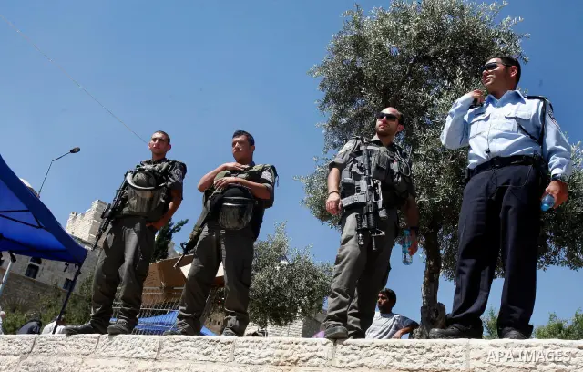 Mounted Israeli police stand during a Palestinian protest against continuing of 'Judaization of Jerusalem' by Jewish settlers and confiscating Palestinian lands at Damascus gate after Friday prayer in east jerusalem, on...