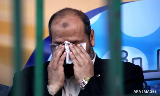A Hamas member of the political leadership Khaleel Al-Hayyah cry during graduating police officers ceremony at the police academy in Gaza City on June 13, 2012, making them the first batch of officers to graduate after f...