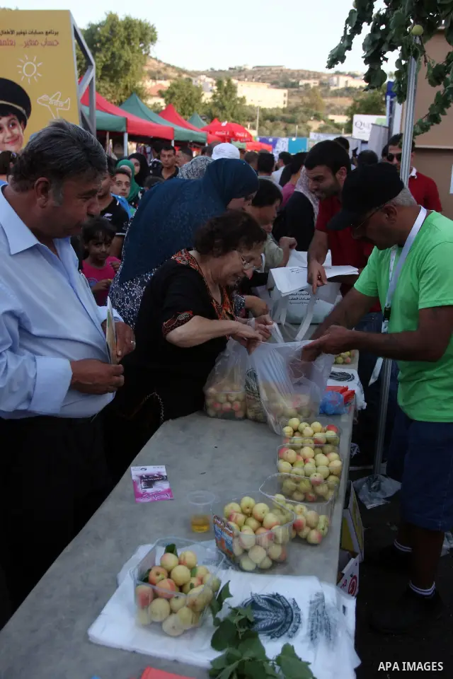 Palestinians take part in the opening of "Apricot Exhibition" in the village of Jaffna in the West Bank city of Ramallah, Thursday June 14, 2012. Photo by Issam Rimawi